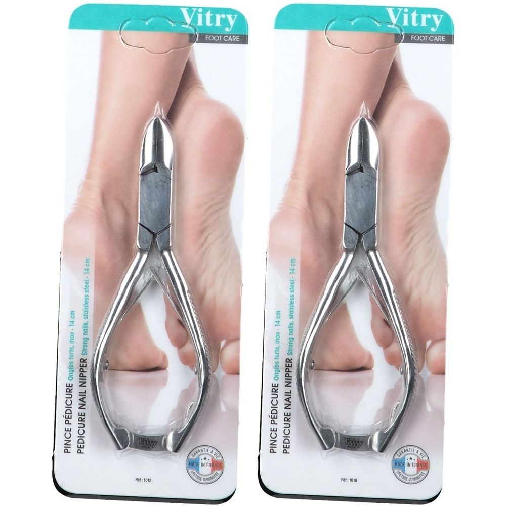 Deux pinces à pédicure sur emballage. Marque Vitry. Inox, 14 cm. Inscription : Pince Pédicure, Pedicure Nail Nipper.