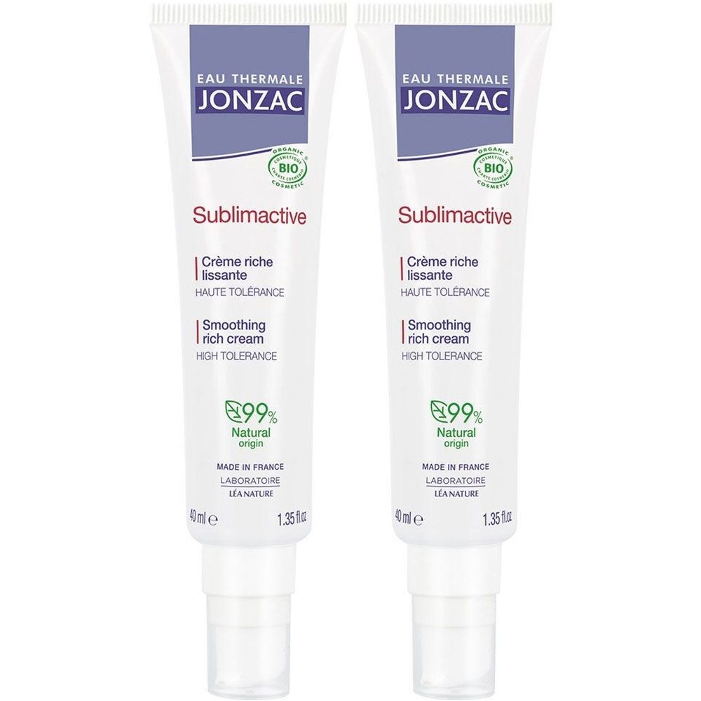 Twee tubes crème. Opschrift: Eau Thermale Jonzac, Sublimactive, Crème riche lissante, 99% natuurlijke oorsprong. Bio-certificering.