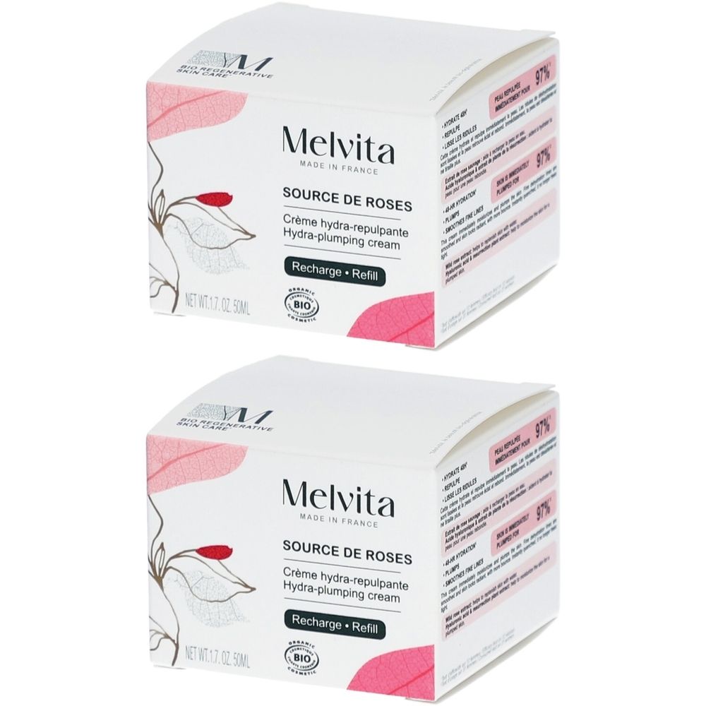 Deux boîtes blanches. Inscription: Melvita Source de Roses Crème Hydra-Repulpante. Certification bio. Motif floral rose et rouge.