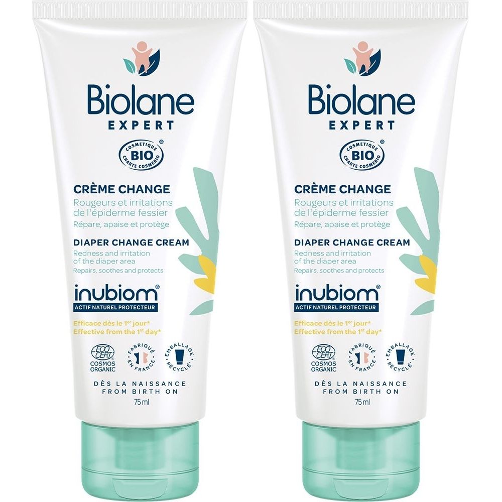 Twee tubes Biolane Expert luiercrème. Wit, met groene en gele elementen. Tekst: Crème Change, Diaper Change Cream, Bio-certificering.