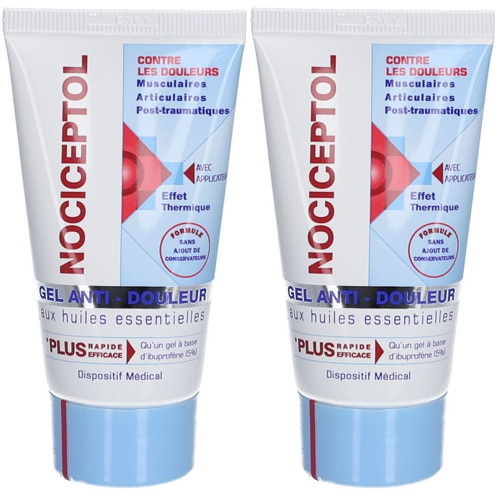 Twee tubes Nociceptol gel. Witte tubes met blauwe accenten en rode graphics. Tekst: Gel Anti-Douleur, tegen pijn.
