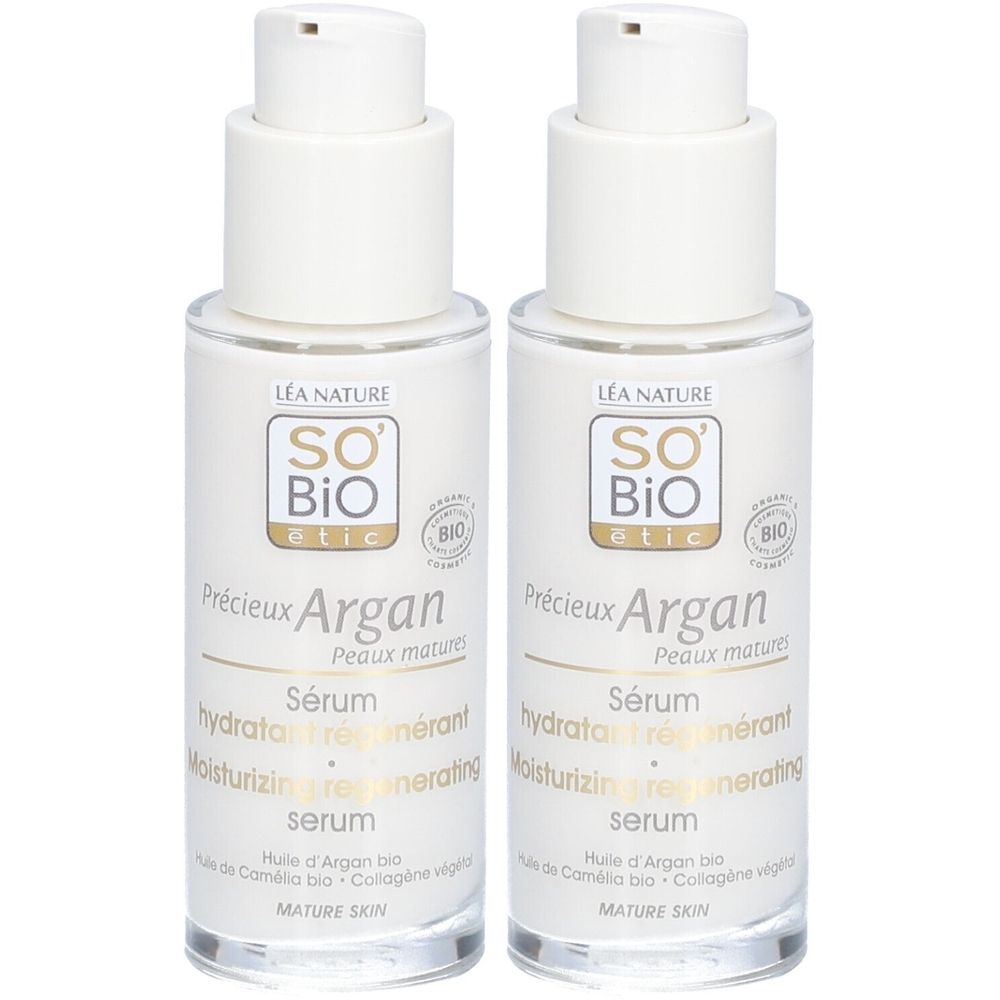 Twee witte flacons met pomp. Opschrift: SO BIO etic, Précieux Argan, Sérum hydratant régénérant, mature skin.