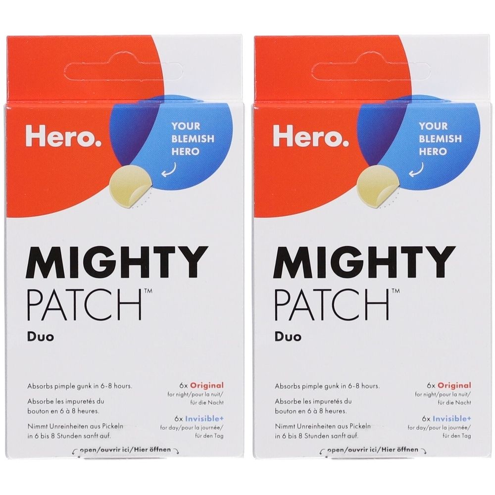 Twee dozen met productnaam 'MIGHTY PATCH Duo'. Opschriften: 'Hero', 'YOUR BLEMISH HERO' en productinformatie.