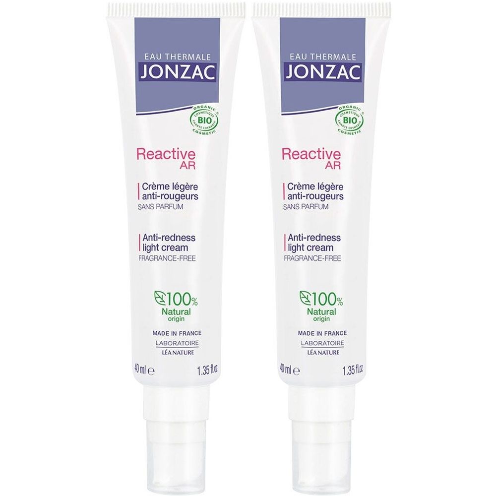 Twee crèmetubes. Opschrift: JONZAC, Reactive AR, anti-roodheid, zonder parfum, 100% natuurlijke oorsprong. Bio-certificering.
