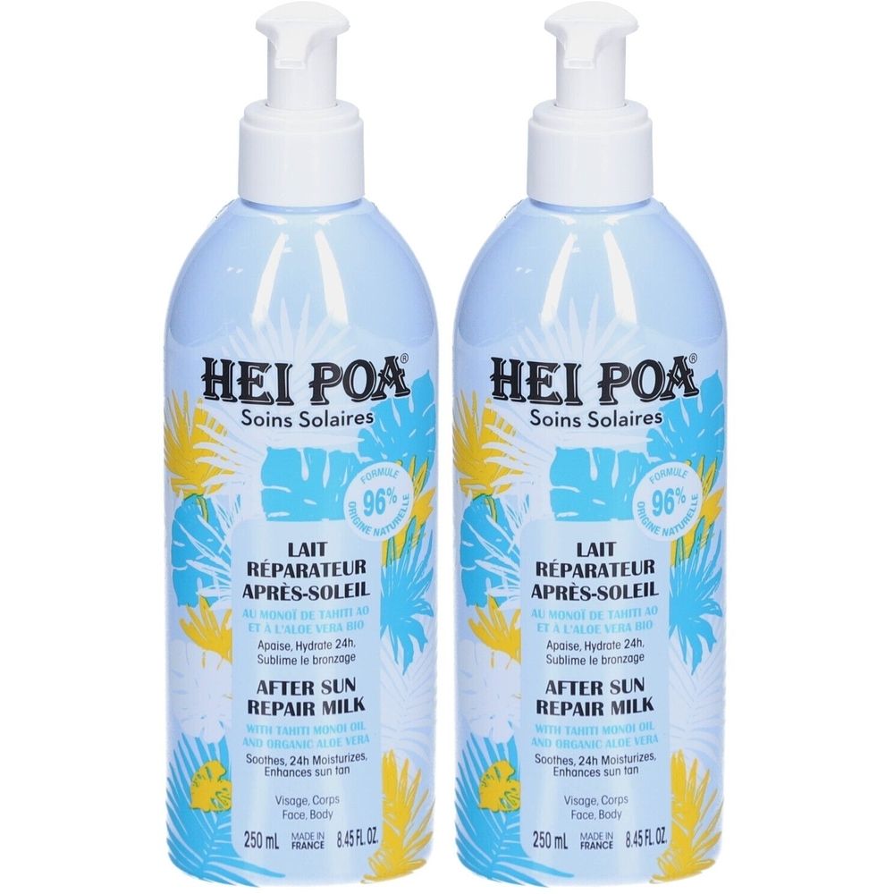 Twee flessen HEI POA After Sun Repair Milk. Blauwe flessen met witte pomp. Opschrift: Lait Réparateur Après-Soleil, 96%.