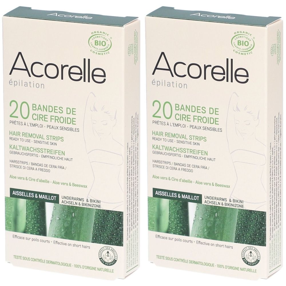 Deux boîtes de bandes de cire froide Acorelle. Inscription : 20 bandes, peaux sensibles. Certification Bio. Pour aisselles et maillot.