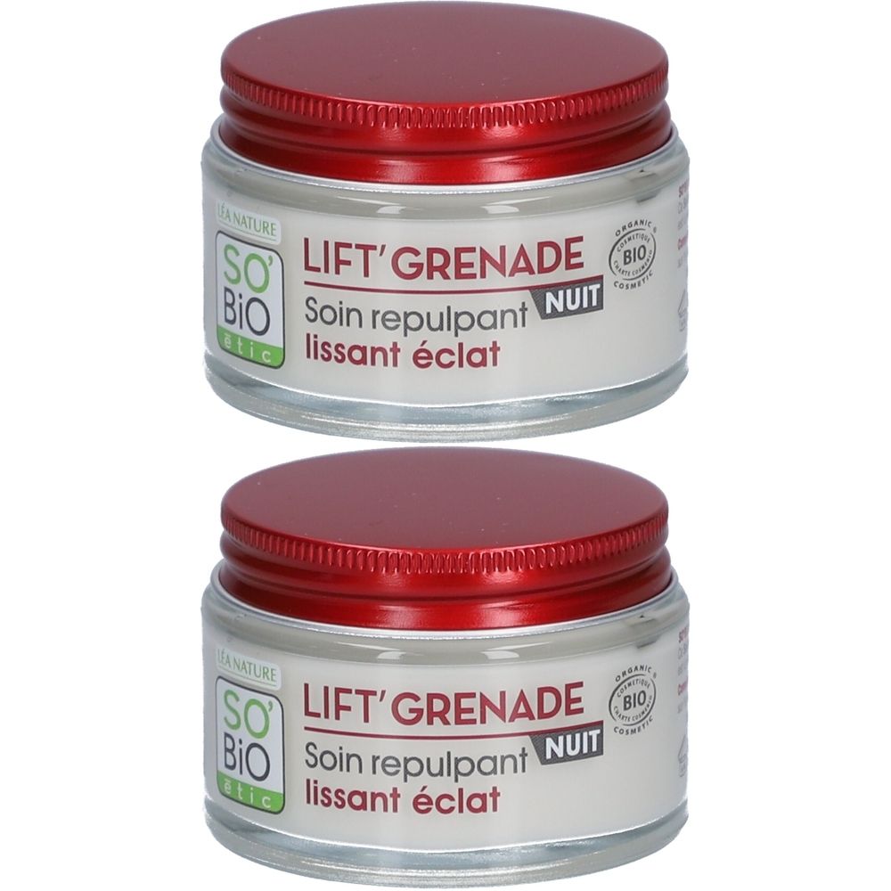 Deux pots avec couvercles rouges. Inscription : LIFT'GRENADE, Soin repulpant Nuit, lissant éclat. Marque : SO BIO ETIC.