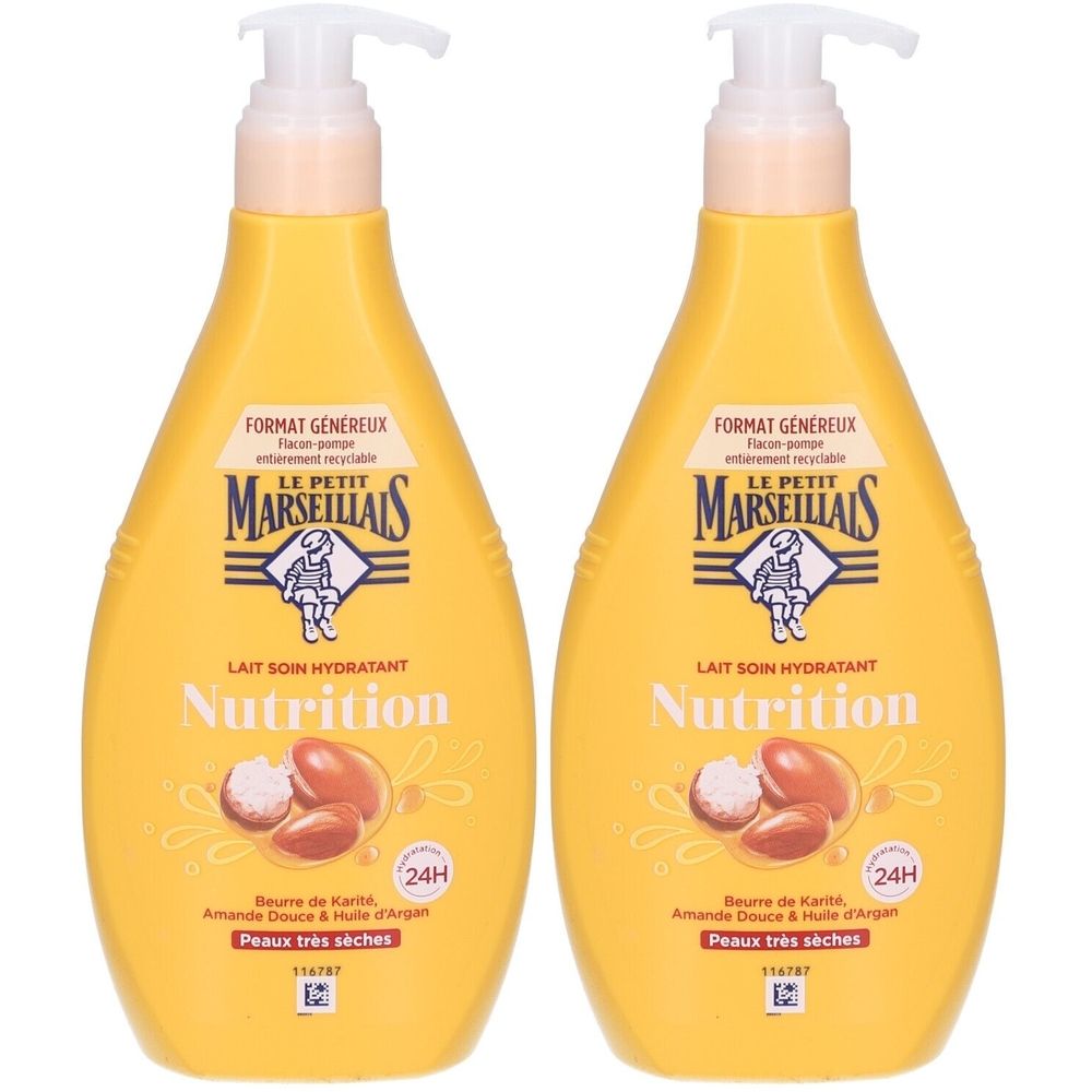 Twee gele flessen met pomp. Opschrift: LE PETIT MARSEILLAIS, Lait Soin Hydratant Nutrition, voor zeer droge huid. 24H.