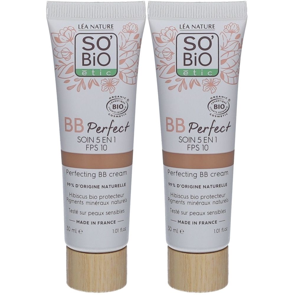 Twee tubes BB Perfect crème. Wit, met bruine inhoud. Opschrift: SO'BiO étic, BIO, FPS 10. Schroefdop met houtlook.