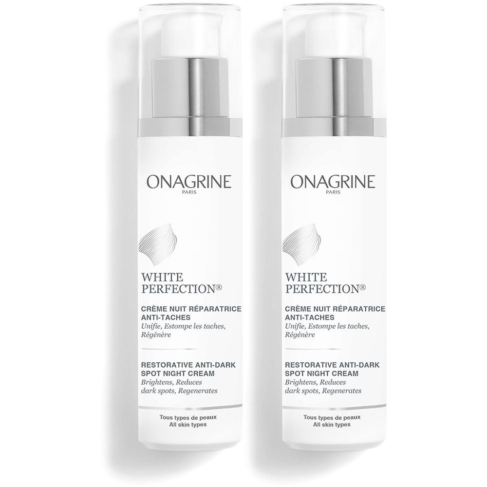 Twee witte flacons met zilveren pompkop. Opschrift: ONAGRINE, WHITE PERFECTION, Crème Nuit Réparatrice Anti-taches, Restorative Anti-Dark Spot Night Cream.