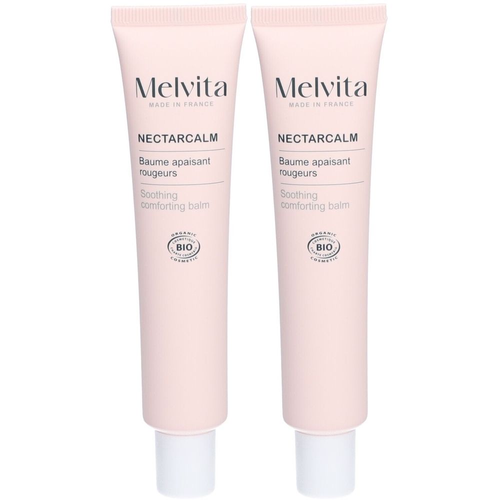 Deux tubes de crème rose. Inscription: Melvita, NectarCalm, Baume apaisant rougeurs, Soothing comforting balm. Certification Bio.