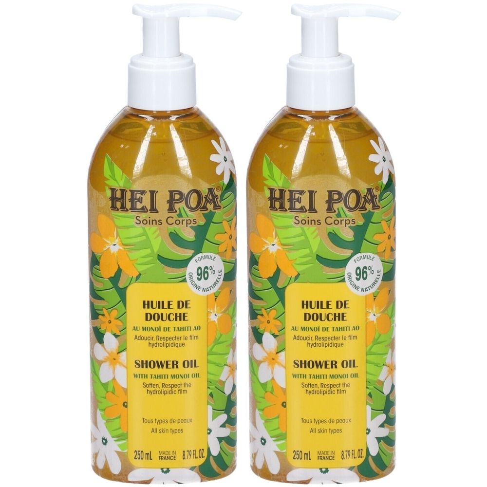 Deux flacons d'huile de douche HEI POA, avec bouchon pompe blanc. Contenu jaune. Inscription: HUILE DE DOUCHE, 96%. Décor floral.