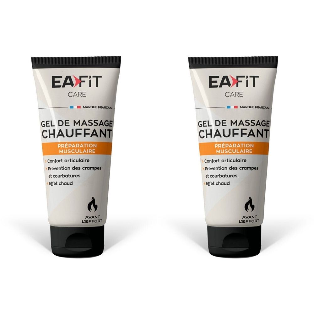 Twee tubes EA Fit Gel de massage chauffant. Wit-oranje verpakking met zwarte dop. Tekst: Gel de massage chauffant, voorbereiding voor spieren.
