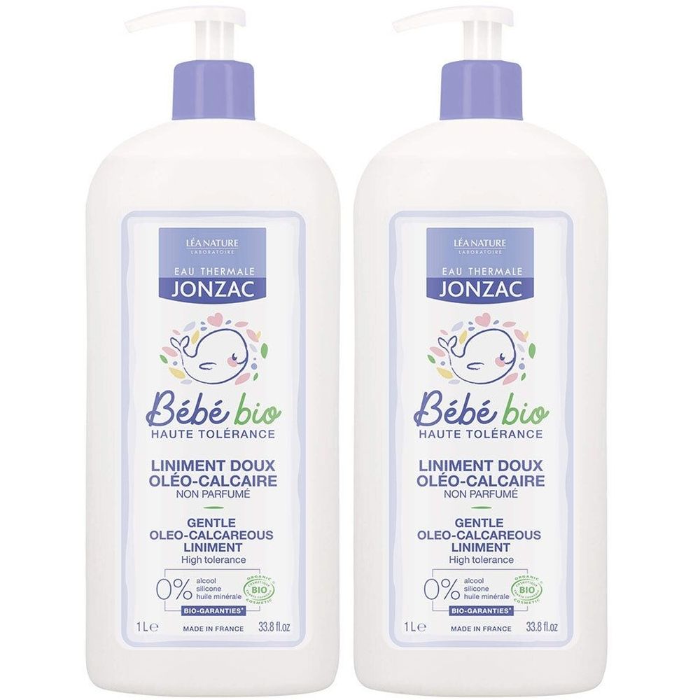 Twee witte flessen met blauwe pomp. Opschrift: Jonzac Bébé bio, Liniment Doux Oléo-Calcaire. Bio-certificering.