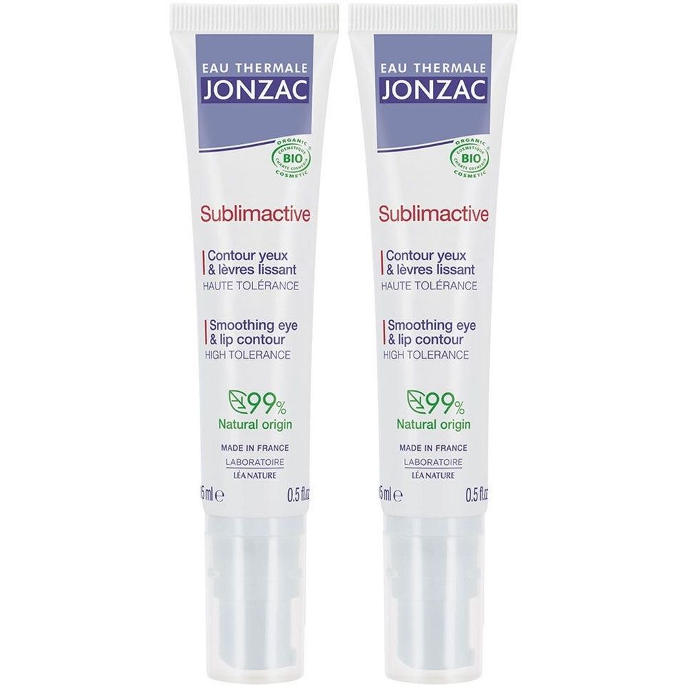 Twee witte tubes. Opschriften: Jonzac, Sublimactive, Contour yeux & lèvres lissant, Smoothing eye & lip contour. Bio-label.