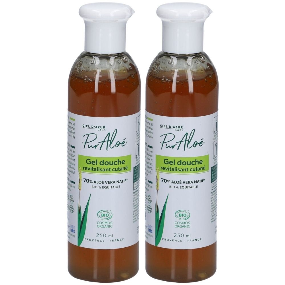 Twee flessen douchegel met witte doppen en etiketten. Op het etiket staat "Pur Aloé Gel douche revitalisant cutané".