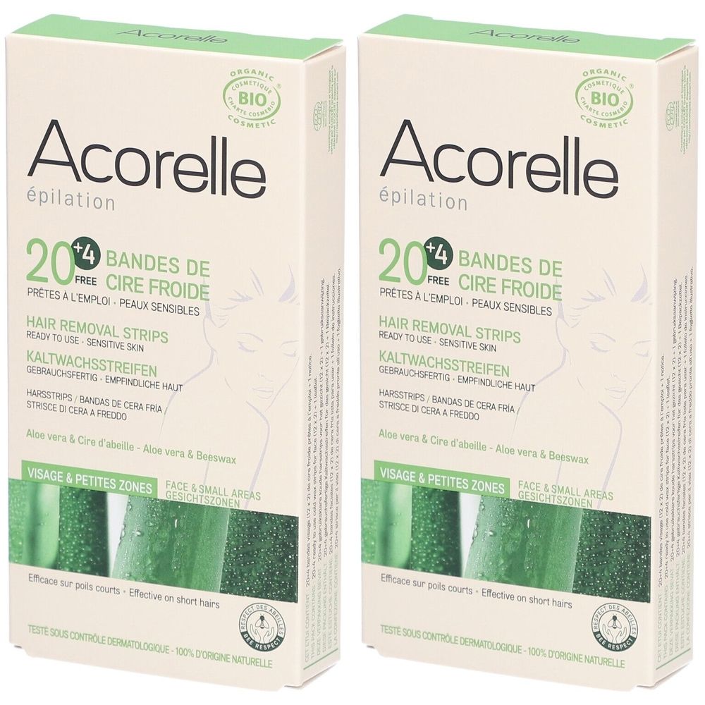 Deux boîtes de bandes de cire froide pour le visage. Inscription : Acorelle, 20+4 bandes, certification Bio.