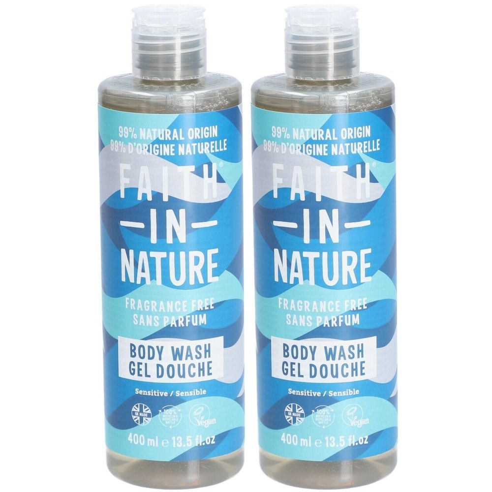 Deux flacons de gel douche. Étiquettes bleues avec texte blanc : Faith In Nature, Body Wash, sans parfum. 400 ml.