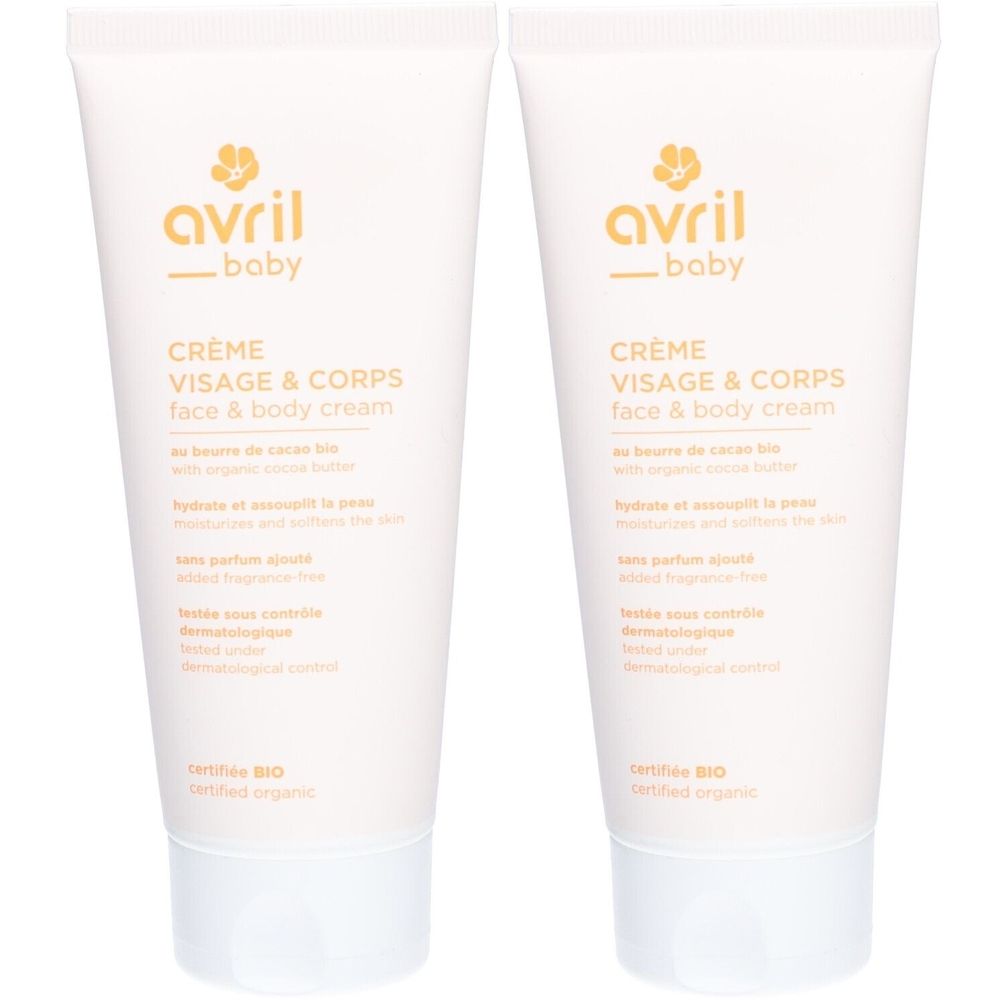 Twee tubes crème Visage & Corps bébé. Opschrift: Avril baby, Crème Visage & Corps, gecertificeerd BIO.