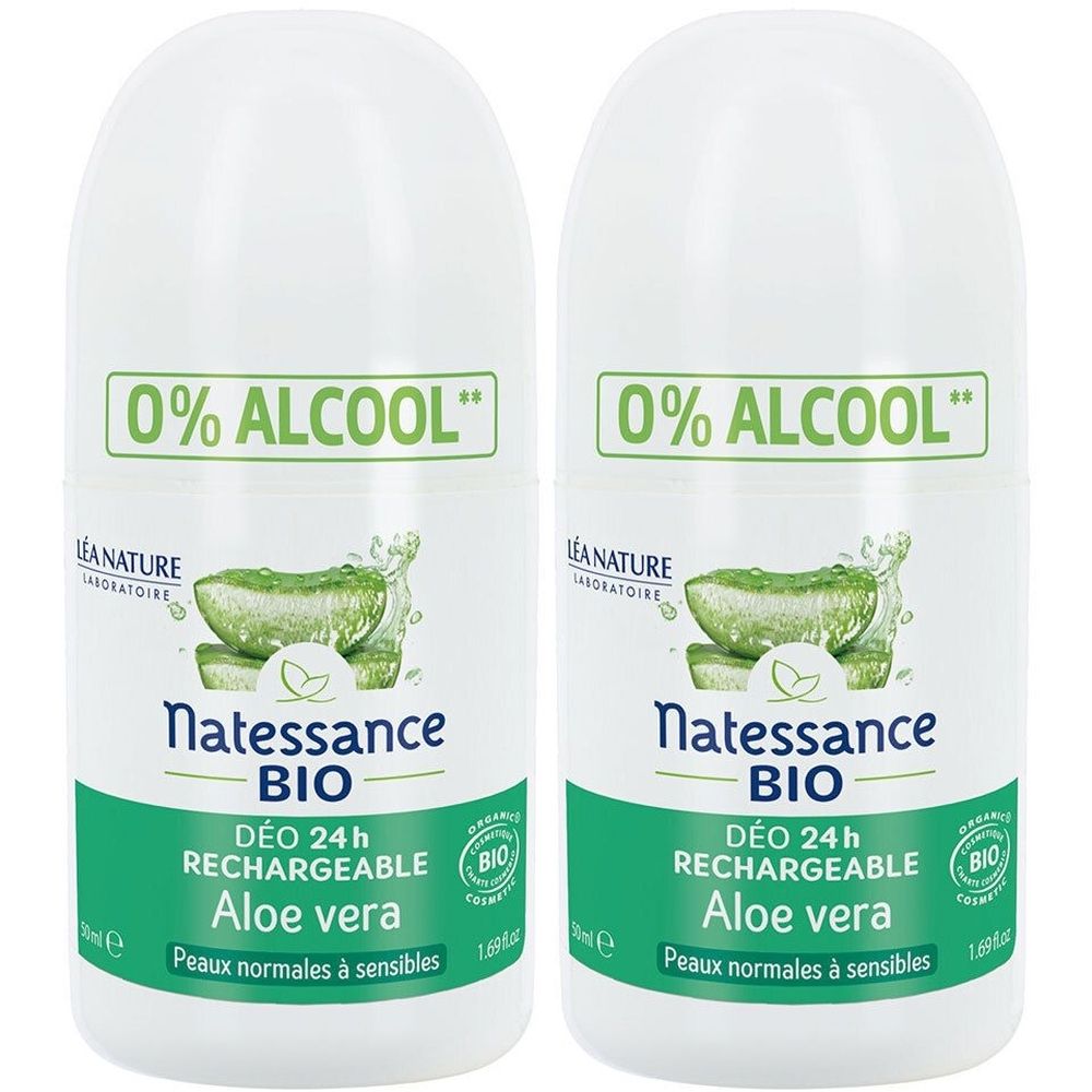 Twee witte roll-on deodorants met groen etiket. Opschriften: Natessance BIO, Aloe vera, 0% ALCOOL. Bio-certificering.
