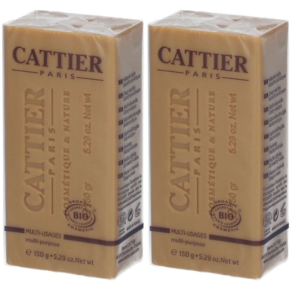 Twee rechthoekige zeepstukken in verpakking. Opschrift: CATTIER PARIS, BIO COSMETIC, Multi-Usages, 150g.