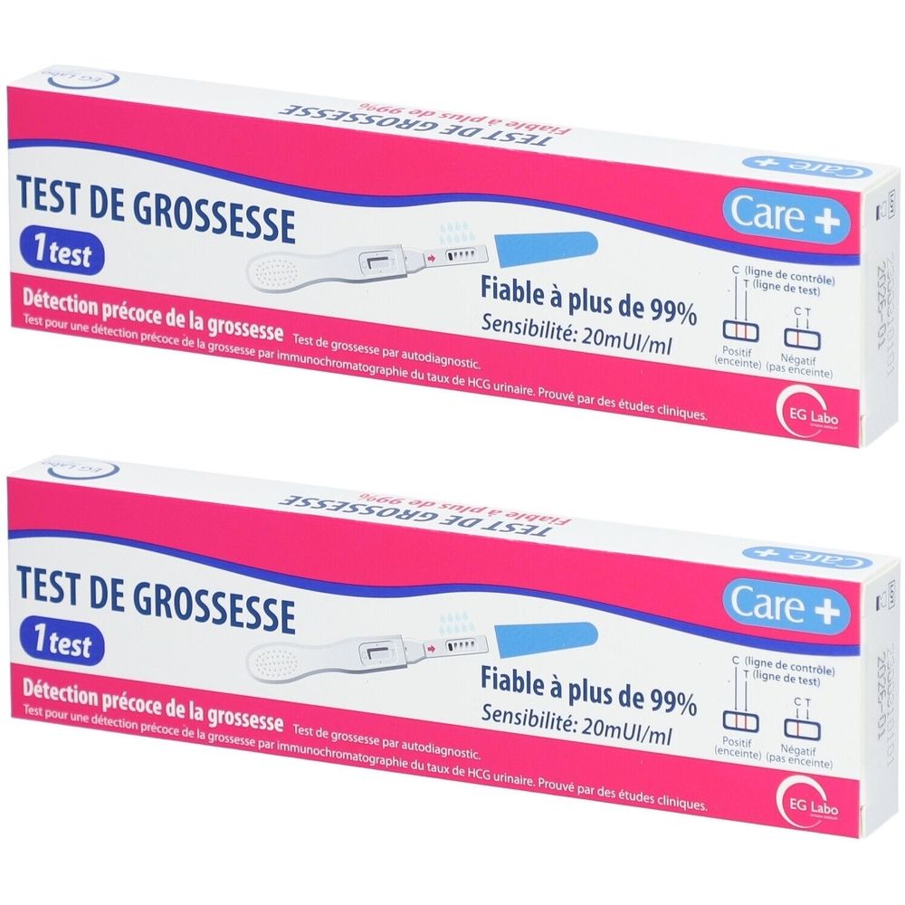 Deux boîtes de test de grossesse CARE+. Boîtes blanches avec texte rose et bleu. Test représenté.