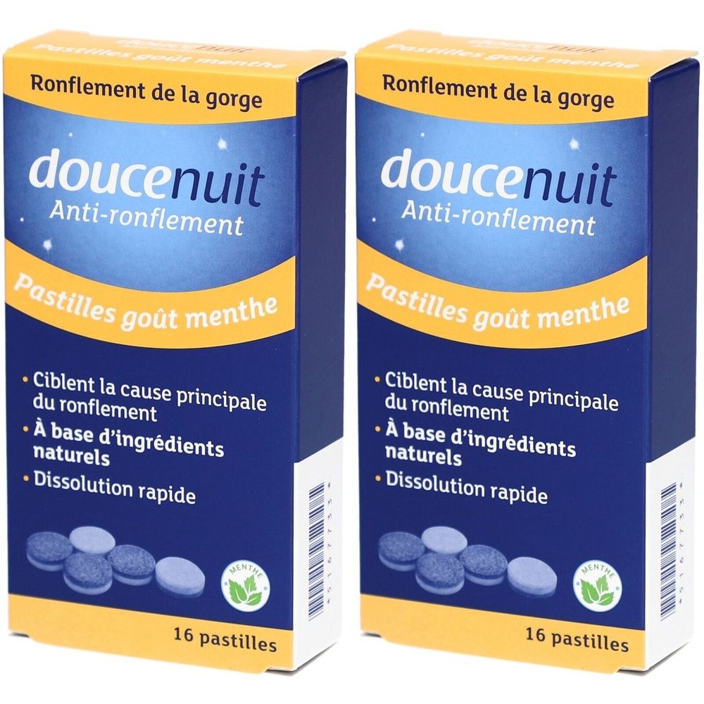 Twee dozen doucenuit anti-snurk pastilles, muntsmaak. Opschrift: Ciblent la cause principale du ronflement. Bevat 16 pastilles.