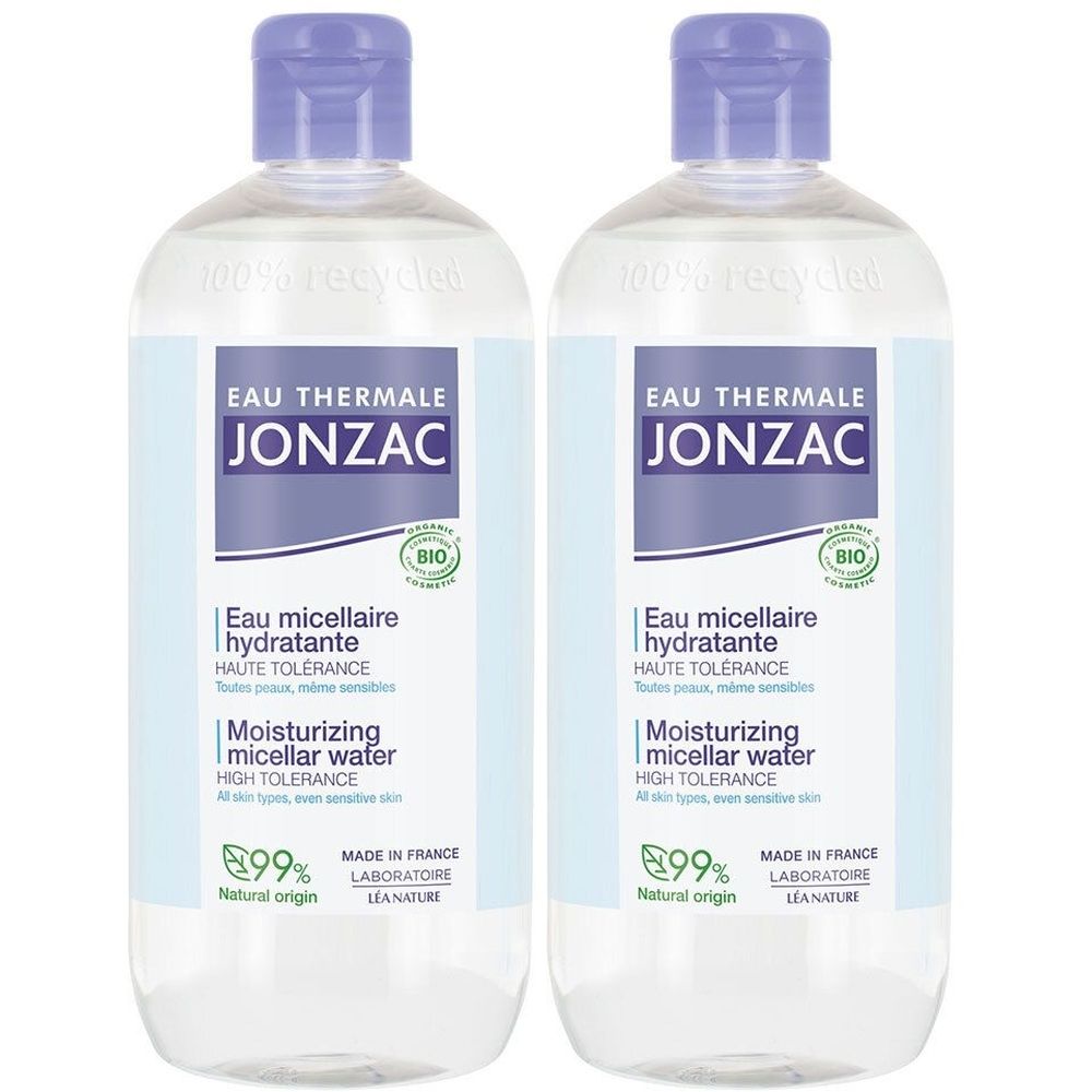 Twee flessen Jonzac Eau Thermale hydraterend micellair water.