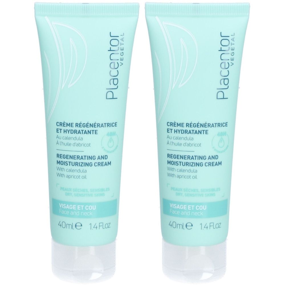 Deux tubes de crème. Tubes vert clair avec texte blanc. Inscription : Crème Régénératrice et Hydratante, Regenerating and Moisturizing Cream. Marque : Placentor Vegetal.