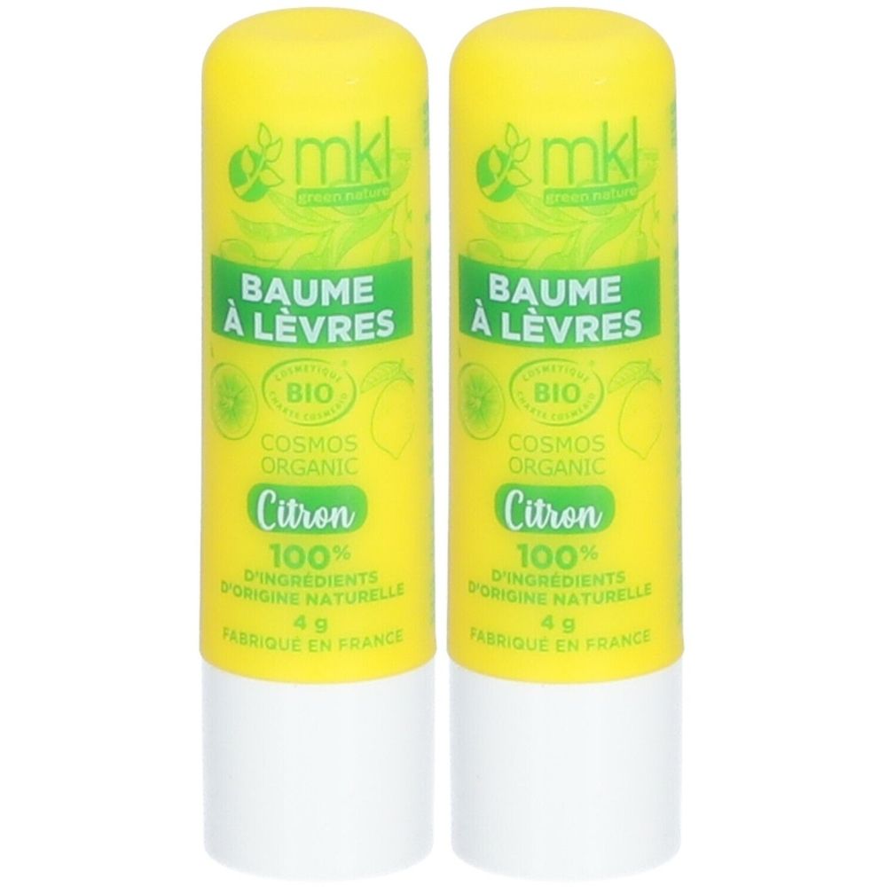 Twee gele lippenbalsemstiften met groene tekst. Opschrift: Baume à lèvres, Bio, Citron, 100% d'ingrédients d'origine naturelle, 4g, Fabriqué en France.
