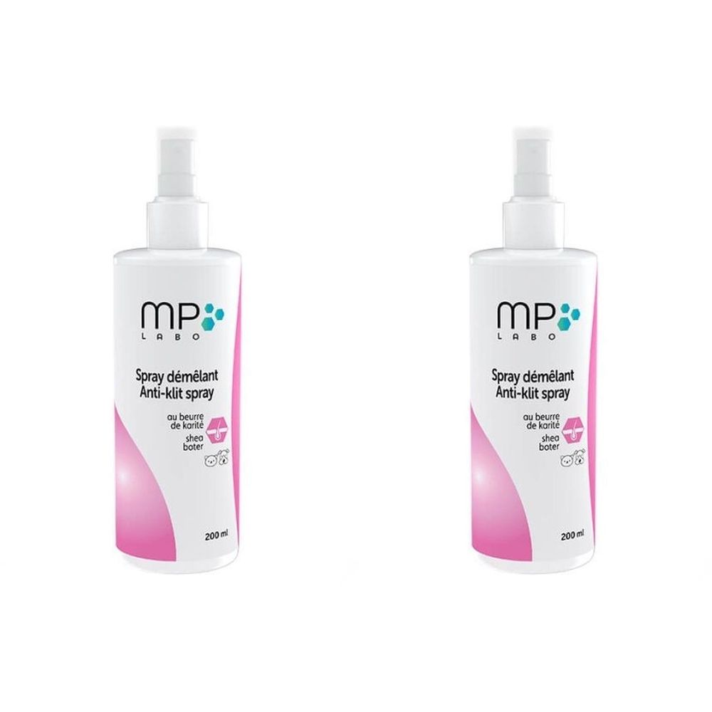 Twee witte spuitflessen met roze accenten. Opschrift: MP Labo, Spray démélant Anti-klit spray, au beurre de karité.