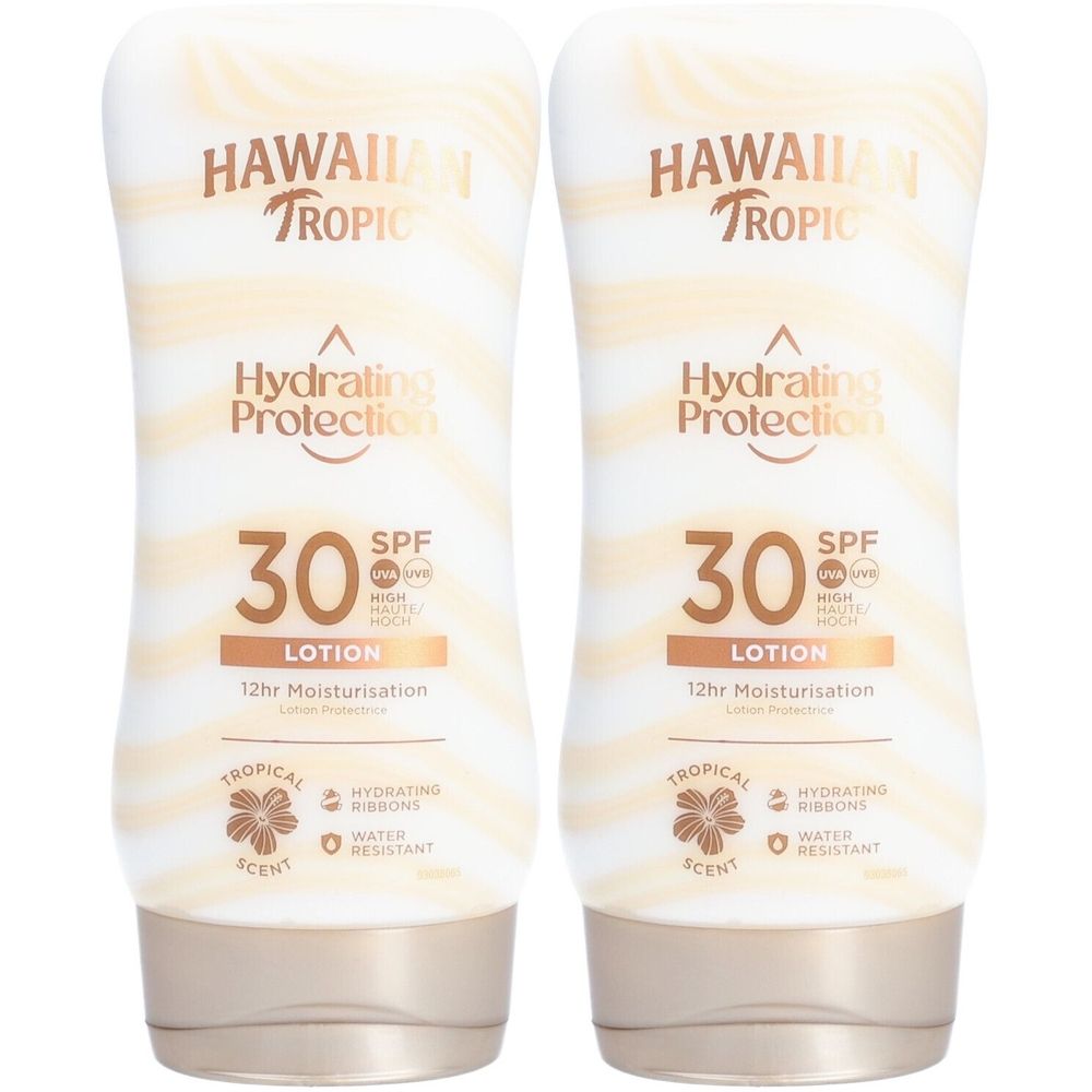 Deux flacons de lotion HAWAIIAN TROPIC Hydrating Protection SPF 30. Flacons blancs avec accents bruns et texte. Parfum tropical.
