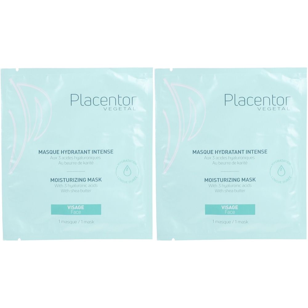 Deux sachets carrés avec l'inscription "Placentor Végétal". Inscription : "Masque hydratant intense" et "Moisturizing Mask".