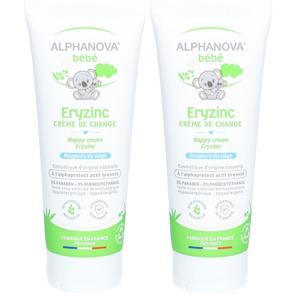 Deux tubes de crème pour le change Alphanova Bébé Eryzinc. Tubes blancs avec des accents verts et bleus. Texte : Eryzinc Crème de Change, Nappy cream.
