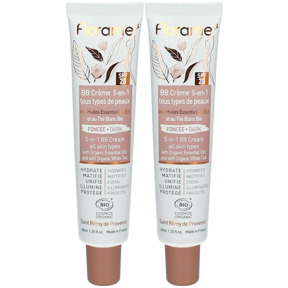 Deux tubes de Florame BB Crème 5-en-1 Foncée. Tubes blancs avec bouchon marron. Texte: SPF 20, BB Crème, tous types de peaux, certification Bio.