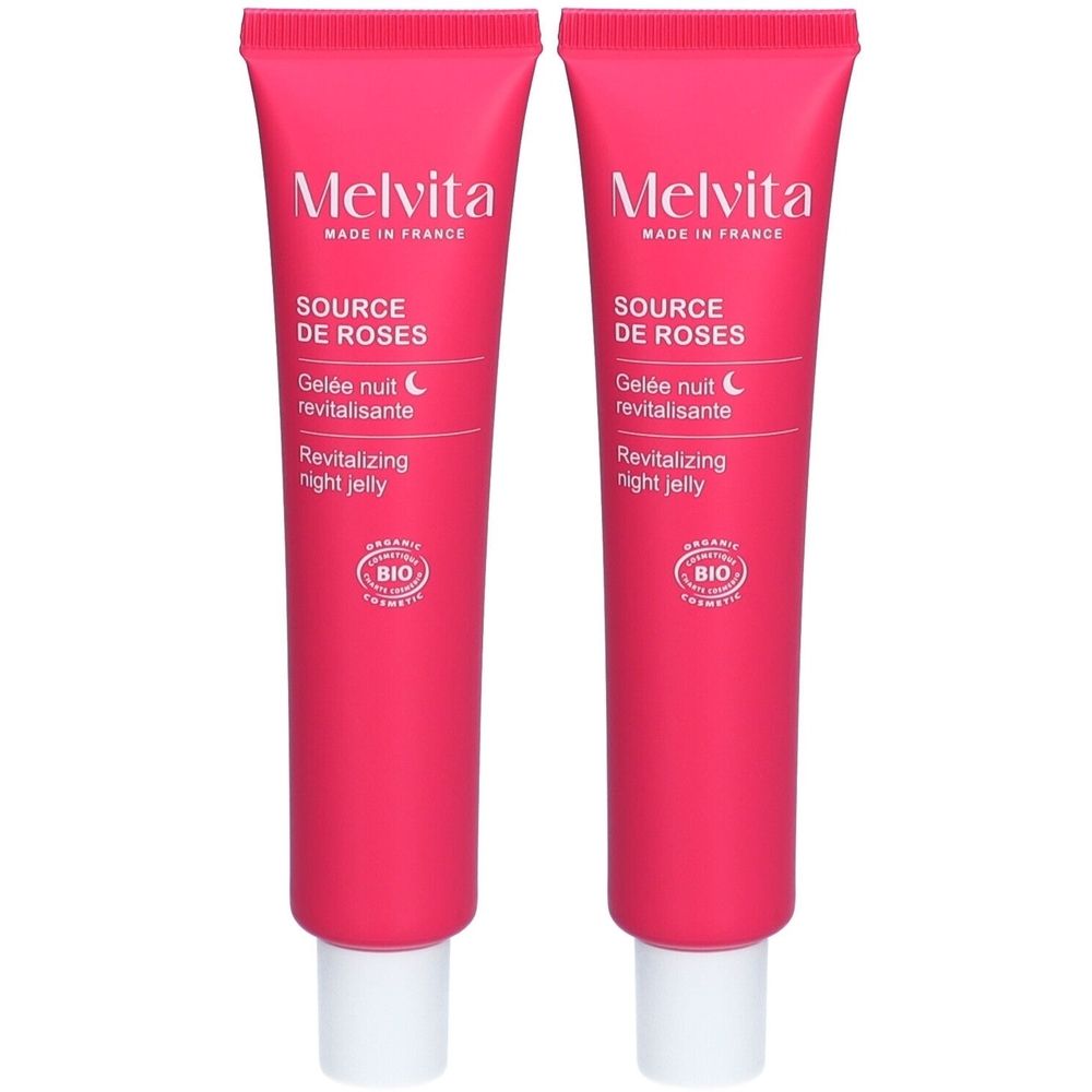 Twee roze tubes nachtgelei. Opschrift: Melvita, Source de Roses, Gelée nuit revitalisante, Revitalizing night jelly. Bio-keurmerk.
