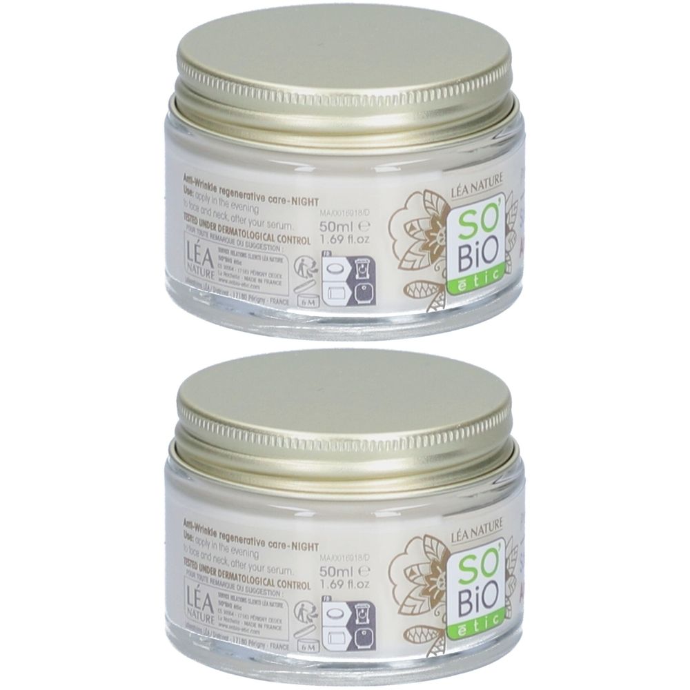 Twee crèmepotten. Glazen potten met zilveren deksels. Opschrift: SO BIO etic. 50ml.