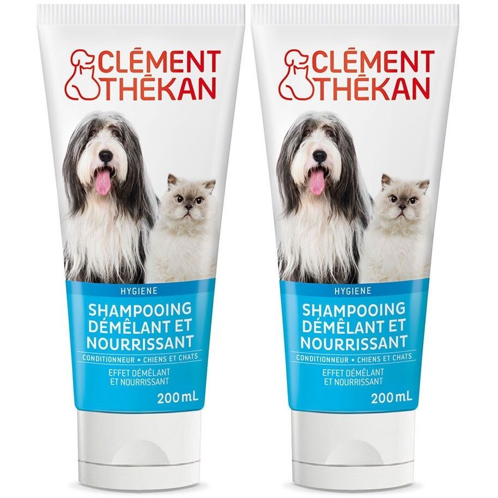 Deux tubes de shampooing. Logo avec chien et chat, marque CLEMENT THEKAN. Texte: Shampooing Démêlant et Nourrissant, 200 ml. Conditionneur chiens et chats.