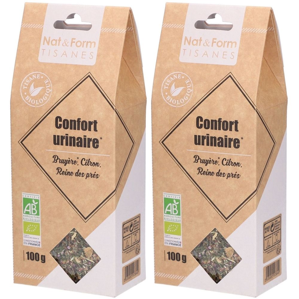 Deux paquets de tisane Nat&Form Confort urinaire bio, 100g chacun. Avec label AB.