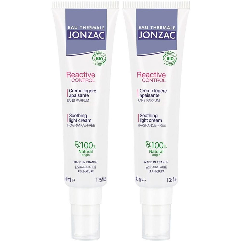 Twee crèmetubes. Opschrift: Jonzac, Reactive Control, Crème légère apaisante, sans parfum, Soothing light cream, 100% Natural.