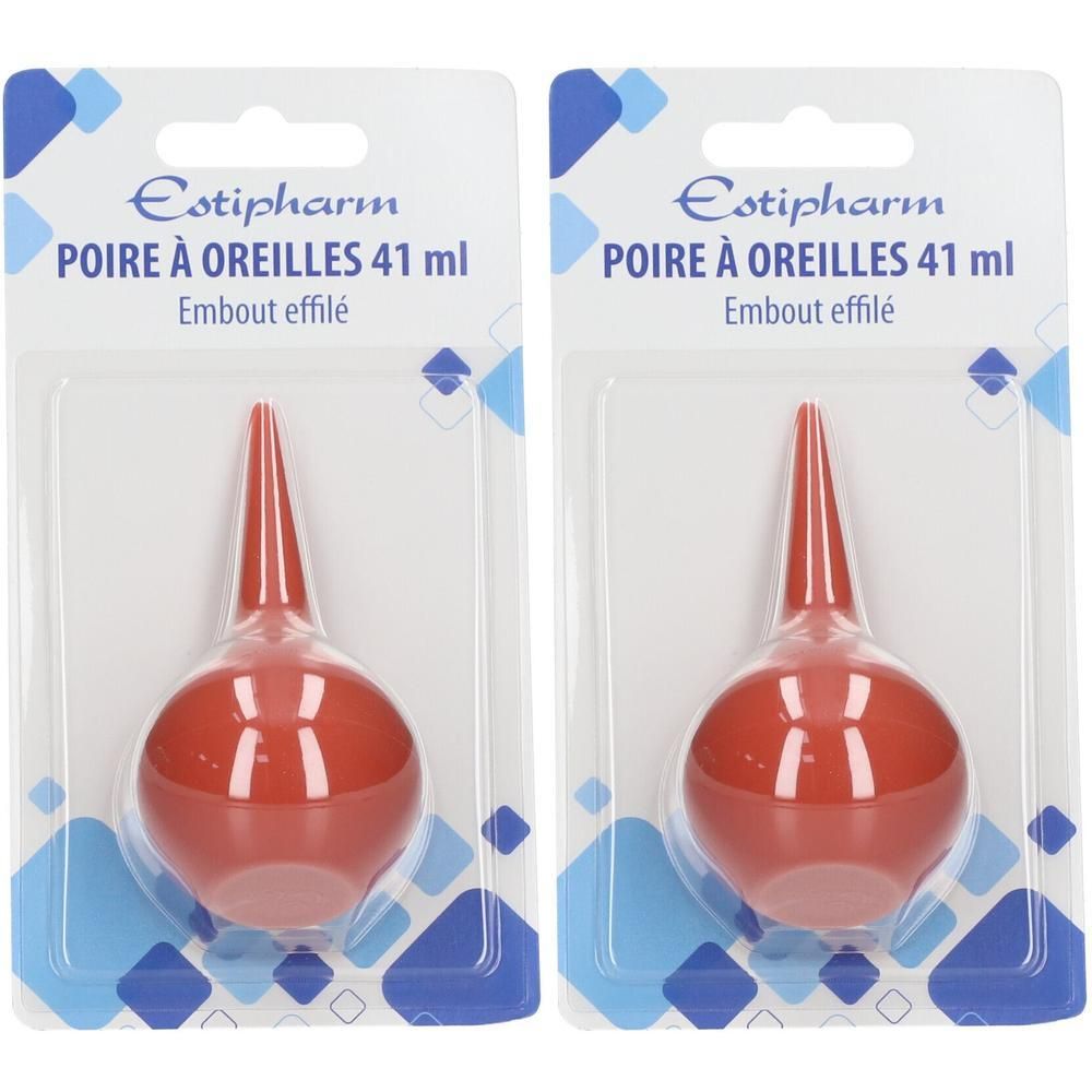 Twee rode oorballonnen in blisterverpakking. Opschrift: Estipharm, POIRE À OREILLES 41 ml, Embout effilé.