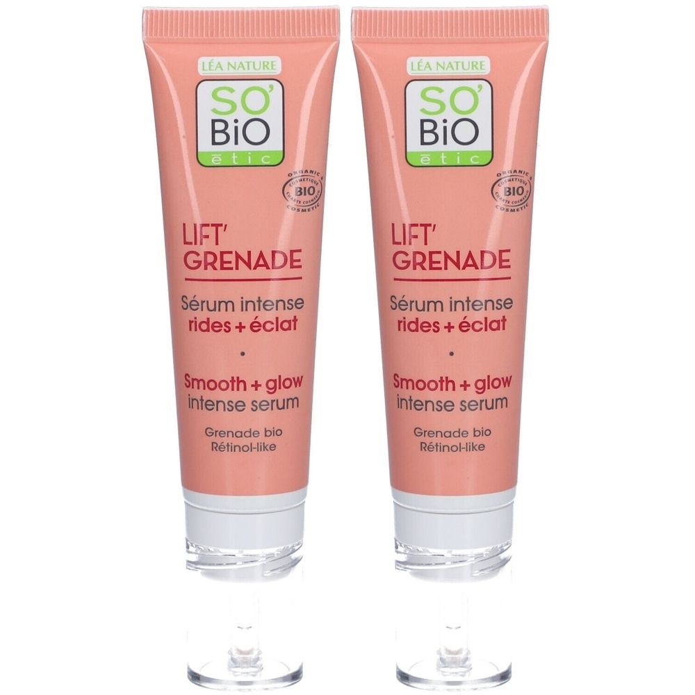 Deux tubes de sérum. Tubes roses avec bouchon blanc. Inscription: SO BIO, LIFT' GRENADE, Sérum intense rides + éclat, Smooth + glow intense serum.
