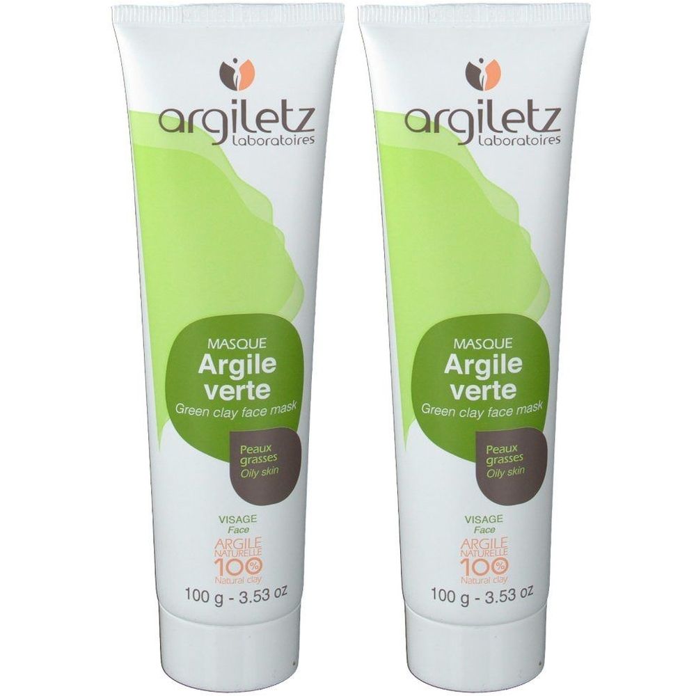 Twee tubes Argiletz gezichtsmasker met groene klei. Witte tubes met groene en bruine elementen. Tekst: Argile verte.