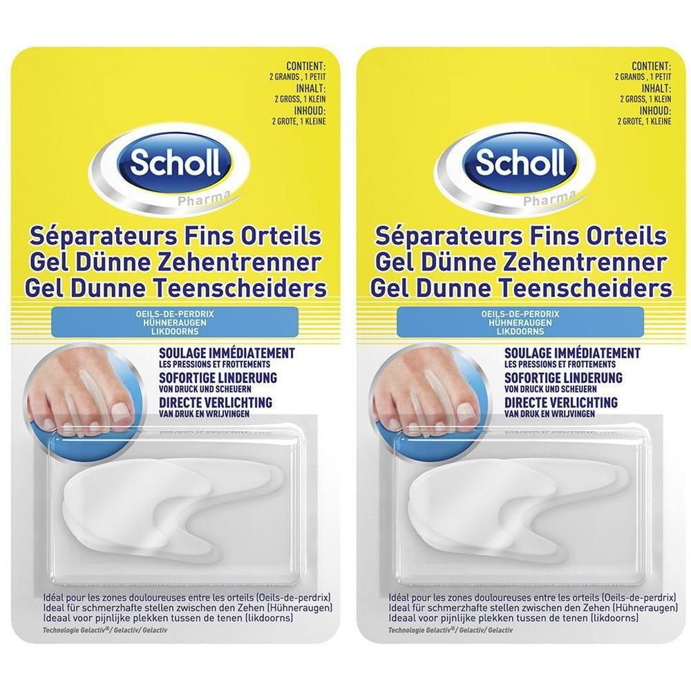Twee verpakkingen Scholl Pharma teenspreiders. Witte gel-spreiders in plastic verpakking. Tekst: Séparateurs Fins Orteils.