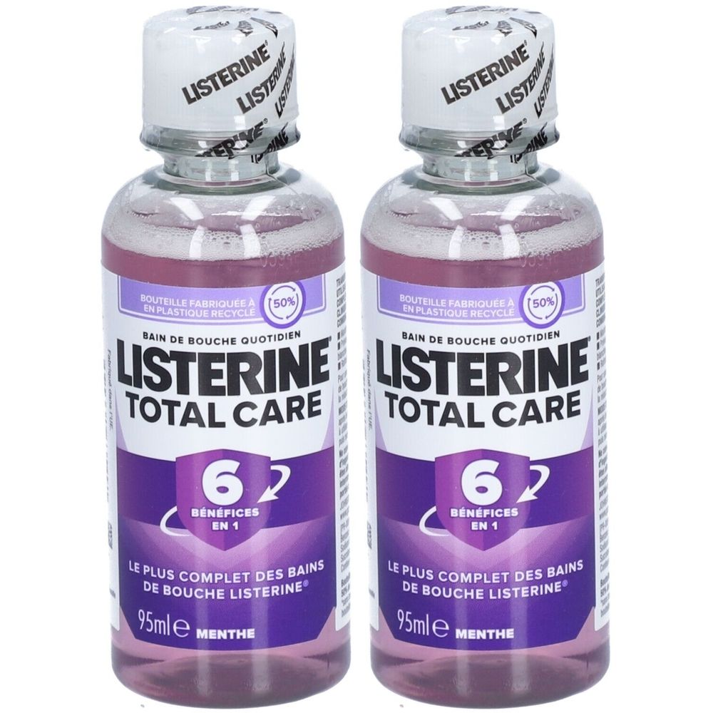 Twee flessen mondwater Listerine Total Care. Bevat 6 voordelen. Flessen van gerecycled plastic. Munt.