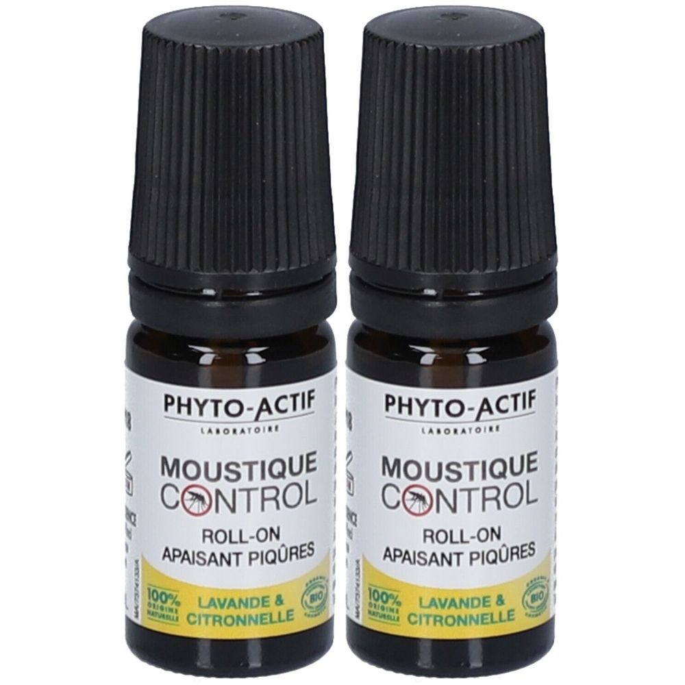 Deux flacons roll-on bruns avec bouchons noirs. Inscription: PHYTO-ACTIF, Moustique Control, Roll-on, Apaisant Piqûres.