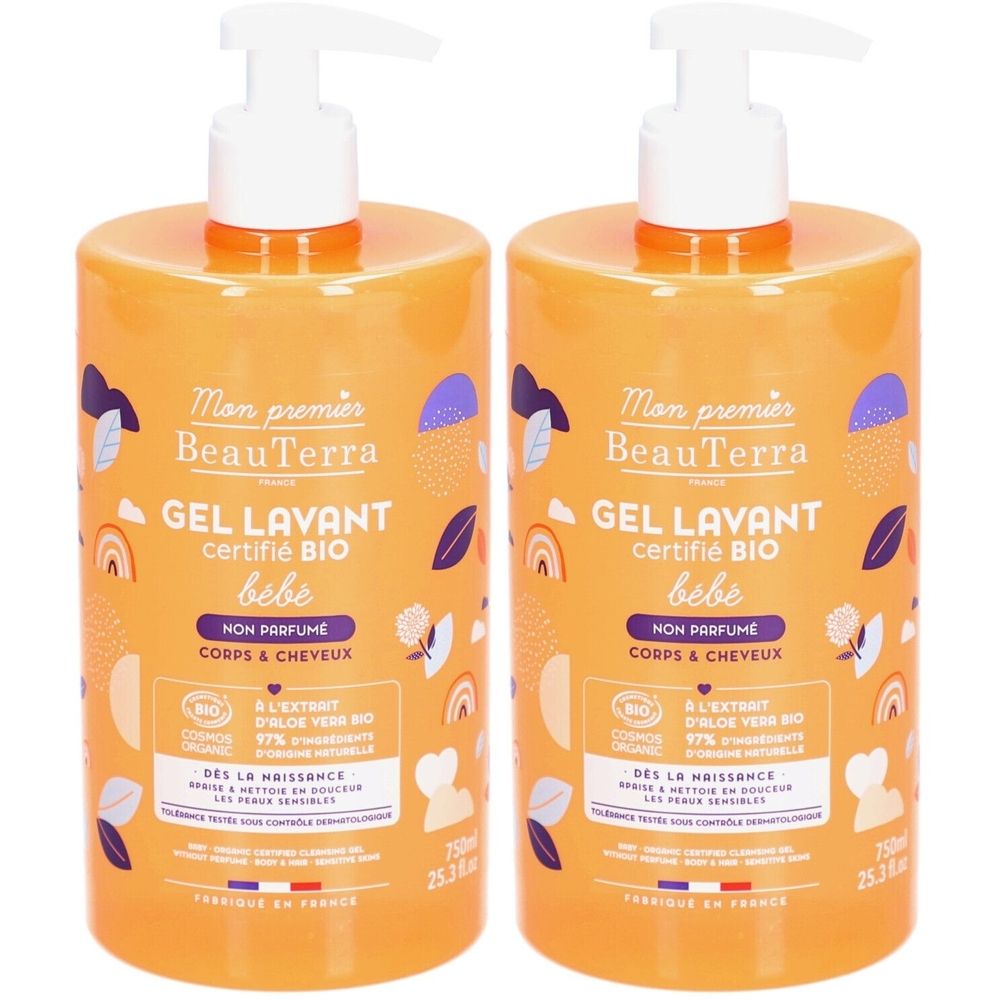 Deux flacons oranges avec pompe blanche. Inscription : "GEL LAVANT certifié BIO bébé". Contient une certification biologique.
