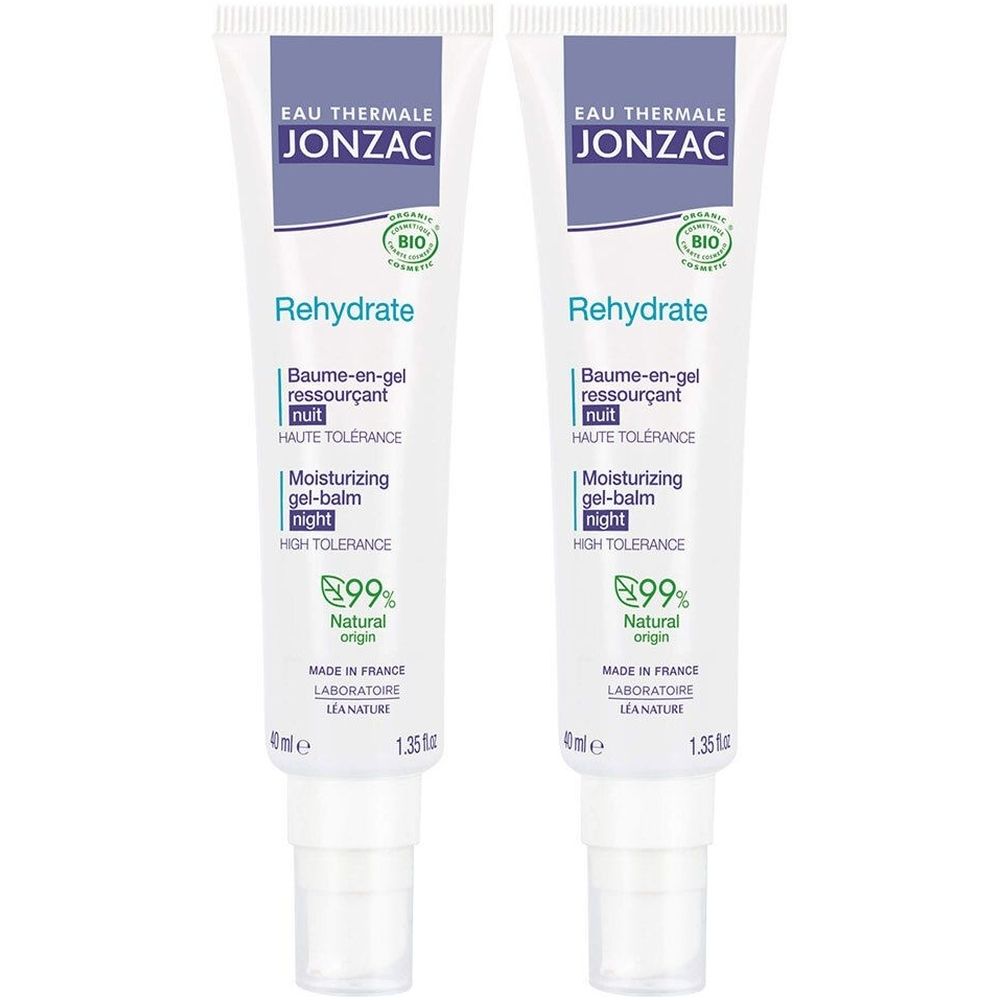 Twee witte tubes met blauwe tekst. Opschrift: Jonzac, Rehydrate, 99% natuurlijke oorsprong. Bio-certificering.