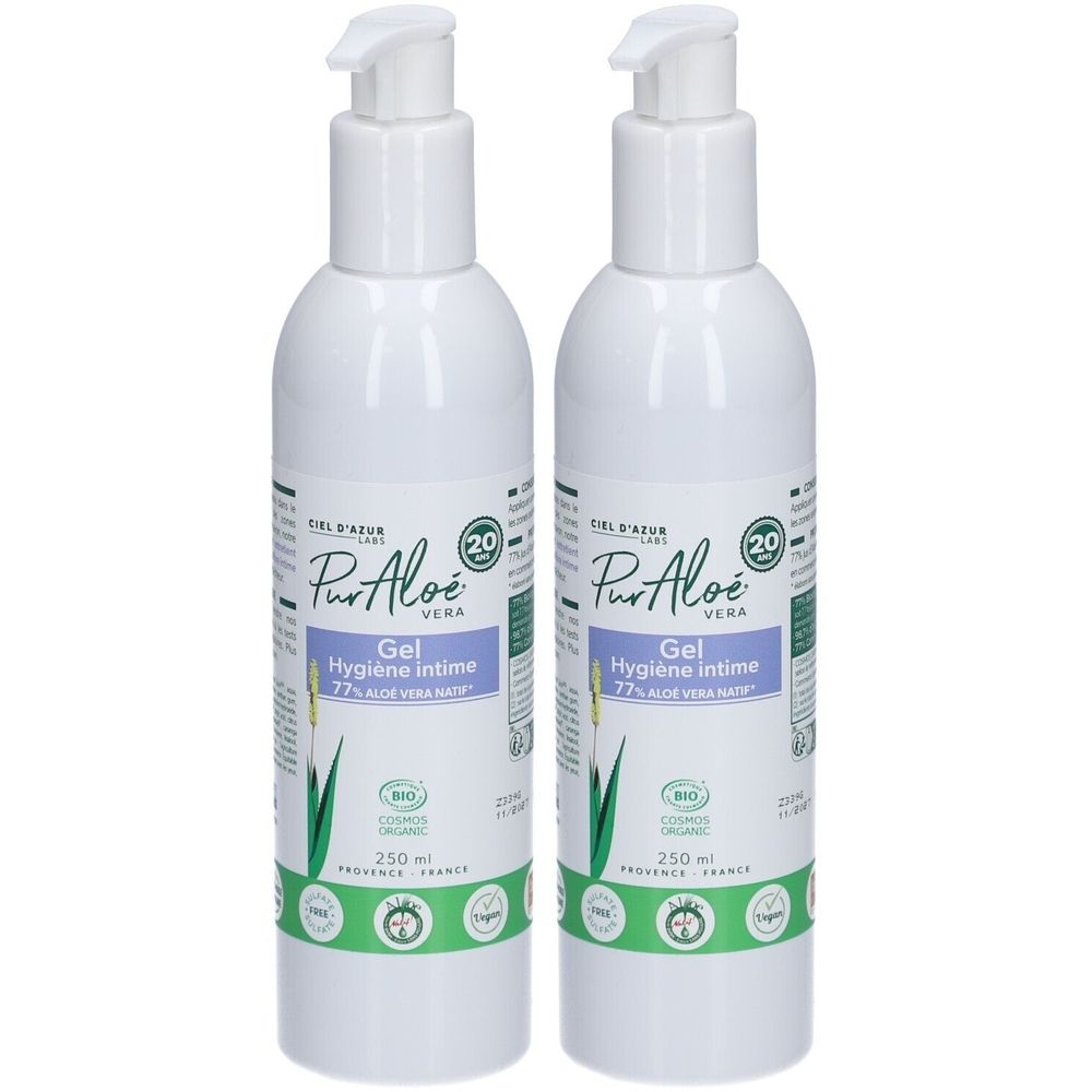 Deux flacons blancs avec pompe. Inscription: Pur Aloe Gel Hygiène intime. Certification bio et 250 ml.