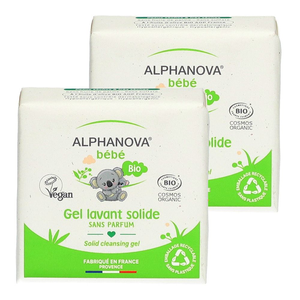 Deux emballages carrés blancs avec des accents verts. Texte : ALPHANOVA bébé, Bio, Gel lavant solide, logo Vegan, Cosmos Organic.